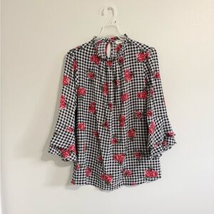 Monteau Black & Red Gingham Floral Tie-Neck Blouse